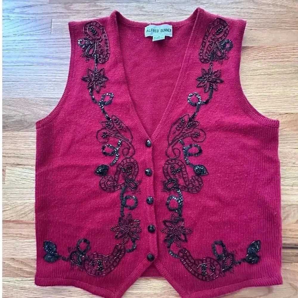 VINTAGE x Alfred Dunner Womans Vest Size M, Beaded, Holiday, Dressy, Buttons